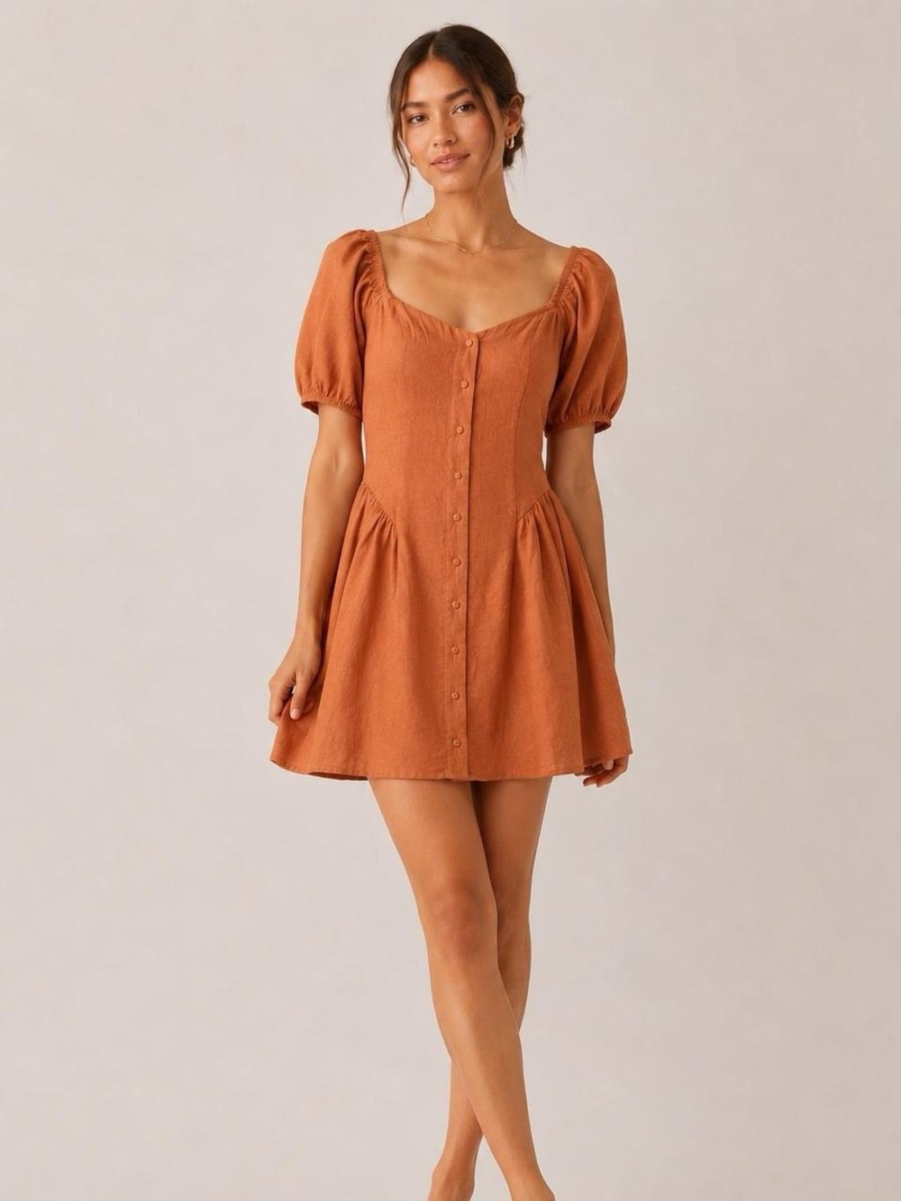 Lush Rust Button-Front Puff-Sleeve Mini Dress